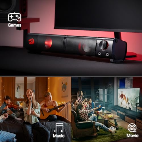 Redragon GS550 PC Gaming Speakers 2.0 Channel Stereo Enhanced Sound, Black | Compact Maneuverable Size, Headphone Jack, Decent Red Backlight, Plug & Play USB Powered Desktop Computer Speaker - color: Black