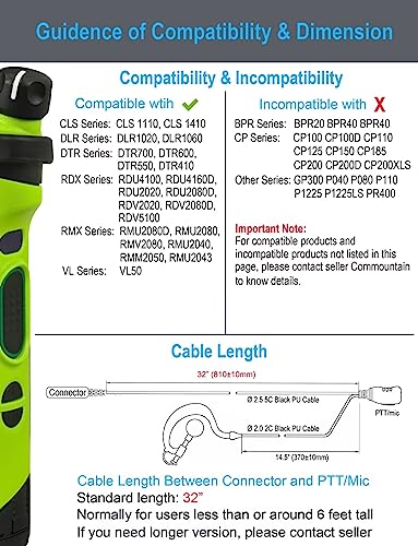 commountain Earpiece for Motorola Walkie Talkies CLS1110 RMU2080D RMU2040 | Also Fits CLS1410 DTR DLR RDU RMM Series 2-Pin Radios, G-Shape Earhook Headset Fits Left or Right Ear, Noise Reducing PTT Mic