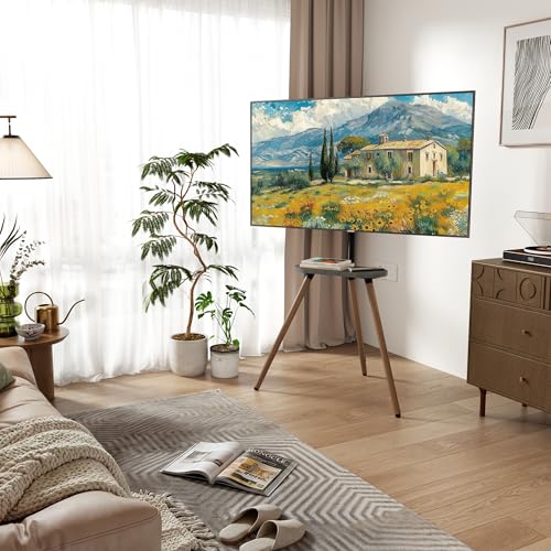 Tripod TV Stand for 43-65" TVs, Swivel, Black Walnut | Height-adjustable easel TV stand, wood media shelf, cable management and VESA up to 400x400 - color: Black, size: 43–65 Inch TVs