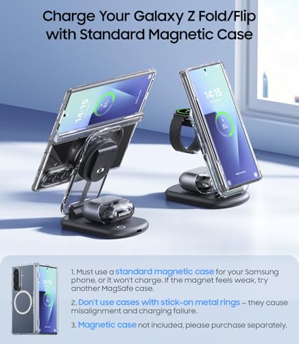 Meifigno 3 in 1 Foldable Wireless Charging Station for Samsung, Magnetic Charger Stand with On/Off Night Light for Galaxy S26/S25/Z Fold 7/Z Flip 7, Watch Charger for Galaxy Watch Ultra 8, for Buds