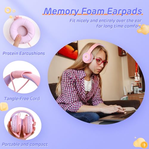 Kids Headphones with 3.5mm & USB C Headphones Kids for School, Over-Ear for Boy Girls, Adjustable Headband,Foldable,Built-in Mic, Safe Volume Wired Headphone for iPad/Travel/Classroom, ideal gift-Pink - color: Rose
