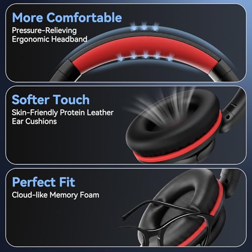 KVIDIO Wired Headphones with Microphone, Over Ear Foldable 3.5mm Plug in Corded Headphones with Volume Control, 4.9ft Tangle-Free Cord for Tablet Laptop MP3/4 School, Airplane Travel Black Red | Wired Over Ear Foldable Headphones for Teens Classroom Trave