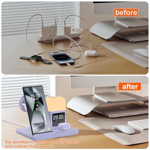 Wireless Charger for Samsung/Android Charging Station, 6 in 1 Fast Watch Charger with Alarm Clock-Night Light, Compatible for Galaxy S25 Ultra/S24, Only for Samsung Watch8/7, Galaxy Buds3 Pro(Purple) - color: Purple