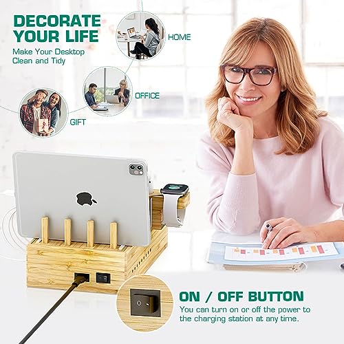 Bamboo Wireless Charging Station for Multiple Devices - Wood Docking Station Organizer, Qi Certified Fast Wireless Charger, 7 USB Charging Ports for Cellphone, Smart Watch, Earbuds, Tablet | Qi Certified Fast Wireless Charger, 7 USB Charging Ports for Pho