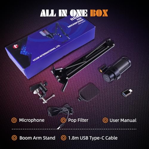 VCOM Gaming USB Microphone,Condenser Dynamic Boom Arm Mic for Podcasting,Streaming, with Boom Arm Stand,Quick Mute,Pop Filter,RGB Indicator,Shock Mount,Rotate gain Button, Compatible with PS4/5/PC