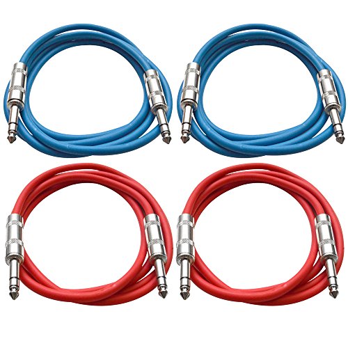 Seismic Audio Speakers ¼” TRS to ¼” TRS Patch Cables, 2 Feet, Pack of 4 - color: Blue and Red
