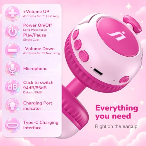 B8 Kids Bluetooth Headphones, Over-Ear Wireless Headphones with Mic, Bluetooth 5.4, 85/94dB Safe Volume Limit, 80H Playtime, USB-C, Foldable Headphones for Kids, School, Travel, Tablet, iPad