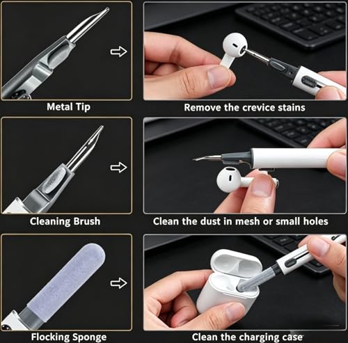 Headphone Cleaning Kits Multi Function Cleaning Pen Soft Brush Flocking Sponge for Airpods Pro 1 2 3 Bluetooth Earphones Case Cleaning Tools White (White) - color: White