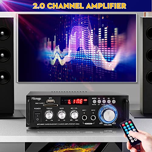 Facmogu 298A 2채널 블루투스 5.0 오디오 앰프 300W 무선 앰프 | FM, AUX, USB, SD, 마이크 입력이 있는 스테레오 수신기 | 트레블 및 베이스 포함 | 홈 시어터 스피커, 노래방, 차고용 - style: 최대 300Wx2