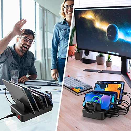 여러 장치용 충전 스테이션, 50W 6 포트 USB 충전기 스테이션 | 애플 워치 홀더 및 케이블 6개, 아이패드 휴대폰 킨들 태블릿 및 기타 전자제품용, USB-A to USB-C 어댑터 컨버터 1개 - color: 블랙.