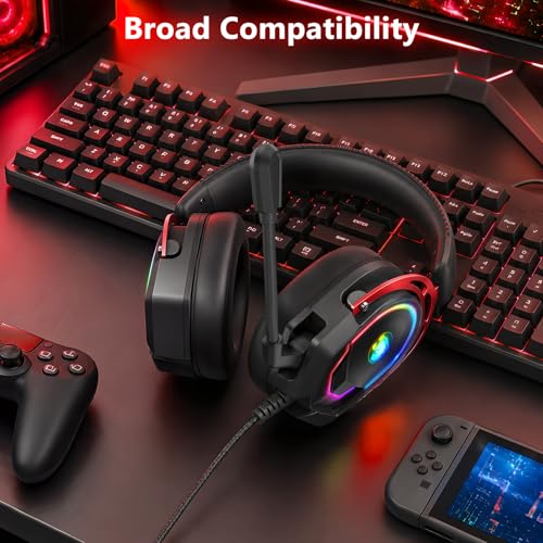 K98 Wired RGB Gaming Headset with Mic, Over Ear Gaming Headphones, 50mm Neodymium Drivers, Noise Isolating Microphone, Memory Foam Cushions, Aluminum Alloy Frame for PC, PS5, PS4, Xbox, Switch - color: Black/Red RGB