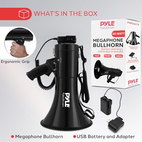 Pyle Portable Compact PA Megaphone Speaker with Alarm Siren & Adjustable Volume - 50W Handheld Lightweight Bullhorn - with Mic, AUX IN for MP3, 1200 Yards Range, Rechargeable Battery