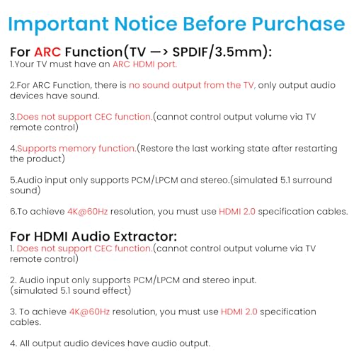 4K@60Hz HDMI 2.0b Audio Extractor Converter Adapter Splitter, HDMI eARC/ARC + Optical Toslink SPDIF + 3.5mm Stereo Audio Out, Support HDCP2.2 Digital PCM DTS 5.1, (Optical/HDMI Cables Included)