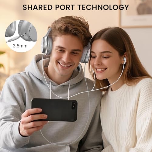USB C Wired Over-Ear Headphones with Microphone | Volume Control, Share Port, Adjustable Headband Foldable Stereo Headset for Adult/Teens for iPhone 16, Laptop, Gaming, Travel - color: Silver