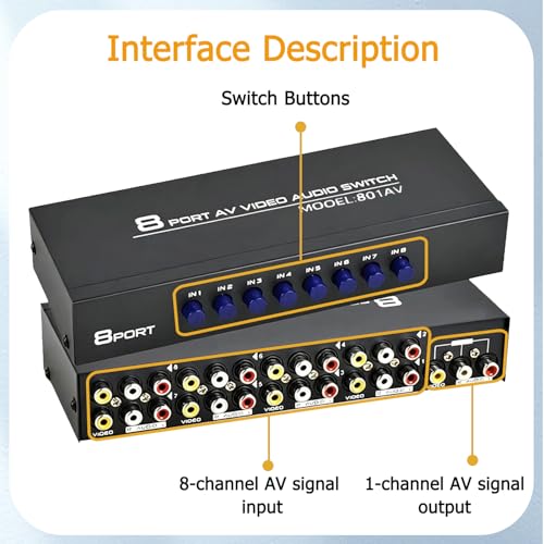 8-Port AV Switch RCA Audio Video Switcher Selector 8 in 1 Out Audio Selector Box for DVD TV Box STB Game Consoles - size: 8 Port