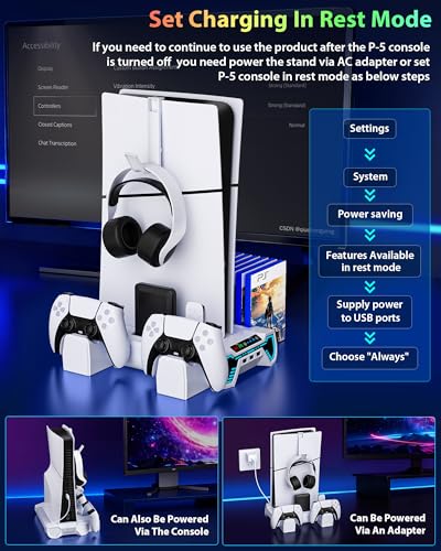 PS5/Slim/Pro Cooling Station and Controller Charging Station with LED Stand for PlayStation 5 Console - PS5 Controller Charger, Cooling Stand Accessory Kit-Cooler Fan/Headset Holder/3 USB Hub, White - color: White