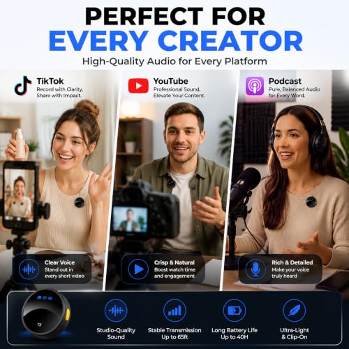 Wireless Lavalier Microphone for iPhone Android, Magnetic Lapel Mic with Noise Reduction, Clip On Mic USB C Lightning Receiver for Video, Vlogging, TikTok, YouTube, Charging Case