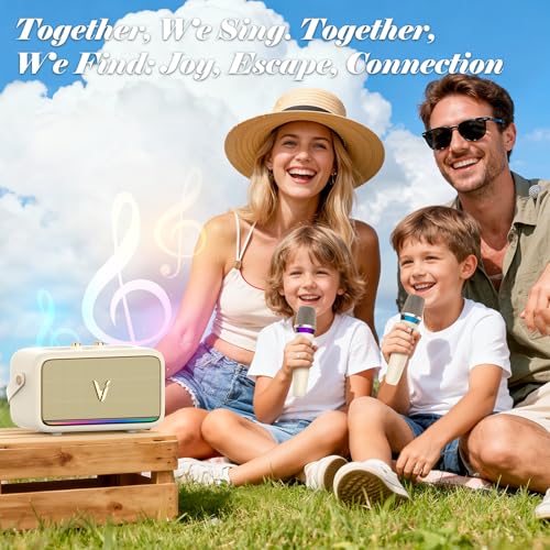 Karaoke Machine with 2 Wireless Mics & Soft Leather Wrap |mini Portable Bluetooth Speaker with 5 Voice Changer Modes for Home Party, AUX/USB/TF Support, for Kids and Adults