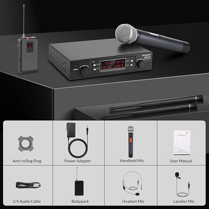 200-Channel Wireless Microphones System, Wireless Lavalier Microphone, Dual UHF Bodypack Cordless Lavalier Mic System Set, Auto Scan, Long Range 200-240Ft, 16 Hours Ideal for Church (Black)