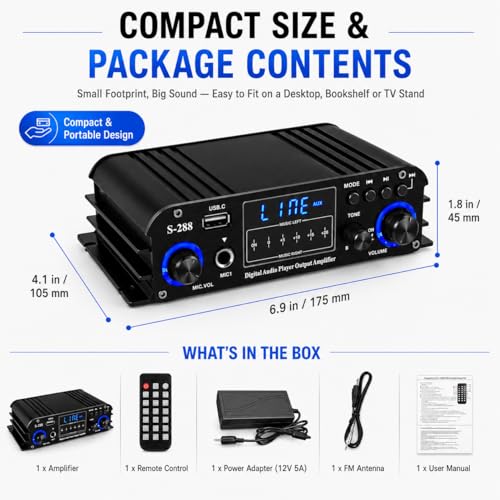Romicta 4 Channel Bluetooth 5.0 Stereo Amplifier, 50Wx4 Home Audio Stereo Receiver, 1200W Max, USB/SD/FM, Class D HiFi Power Amp for Home Theater, Car & Karaoke, Includes Remote & Power Adapter - style: 4.0 CH (With FM)