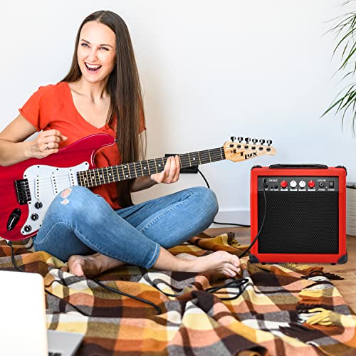 LyxPro Electric Guitar Amp 20 Watt Amplifier Built in Speaker Headphone Jack and Aux Input Includes Gain Bass Treble Volume and Grind - Red - color: Red, size: 20 Watt