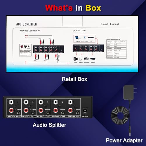 3.5mm Aux RCA L/R Audio Splitter 1 in 4 Out Audio Distributor Box | Share One 3.5mm or RCA Stereo Analog Audio Source with up to Four Powered Speakers, Subwoofers, Amplifiers, Receivers