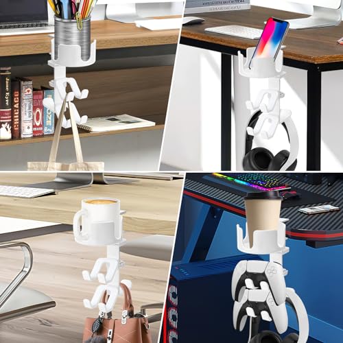 welltop 4 in 1 Controller Holder with Desk Cup Holder & Headphone Hanger, Rotatable Under Desk Clamp Controller Holder Dual Gamepad Headset Stand Gaming Desk Accessories for Xbox, PS4, PS5, PC, Switch