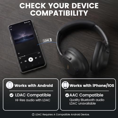 1Mii Y8+ Noise Cancelling Headphones Bluetooth 6.0 Over-Ear Wireless, Black | Hybrid ANC, 100 hrs Playtime, Comfortable, LDAC Hi-Res Audio, Deep Bass, Custom EQ via APP for Airplane & Travel