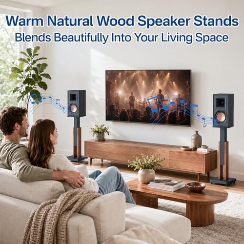Height Adjustable Speaker Stands Pair for Studio Monitor & Bookshelf Speaker Stands-Wood Grain Floor Speaker Stands for Klipsch, ELAC, JBL, KEF, Edifier Surround Sound Speaker Stand Up to 50 Lbs