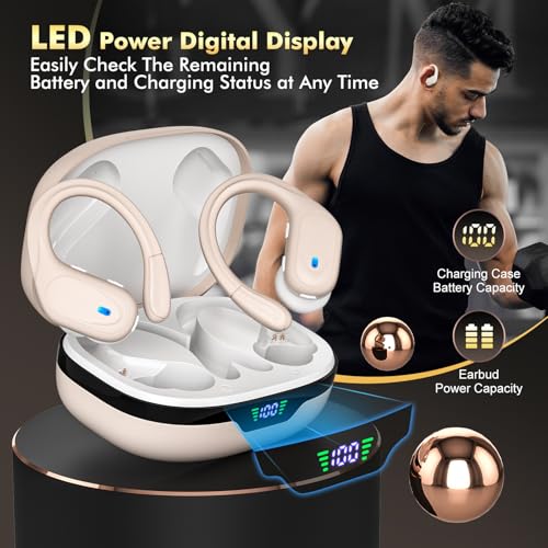HAOYUYAN Wireless Earbuds, Sports Bluetooth Headphones, 80Hrs Playtime Ear Buds with LED Power Display, Noise Canceling Headset, IPX7 Waterproof Earphones for Workout/Running (Camel) - color: Camel