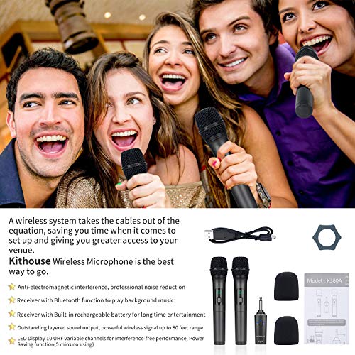 K380A Wireless Microphones - Dual UHF Handheld Cordless Mics with Rechargeable Bluetooth Receiver - Karaoke/Speech/Church (Elegant Black)