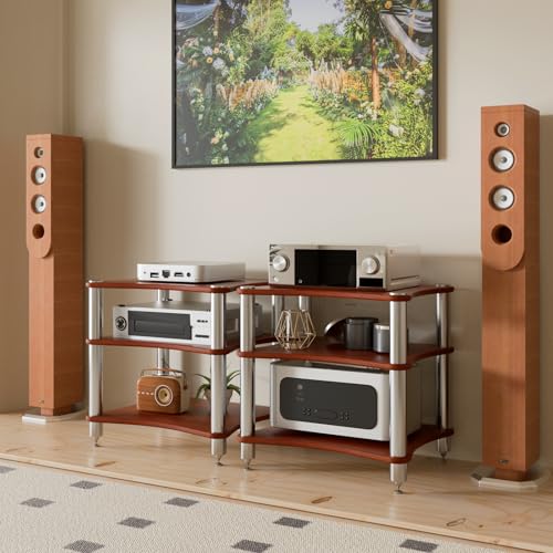 3-Tier AV Media Stand with Speaker Spikes, Stereo Racks and Stand | Audio Equipment Cabinet Entertainment Device Open Air Storage, Dark Wood - size: 3-Tier