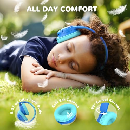 iClever BTH18 Kids Bluetooth Headphones LED Lights for Toddler Boys Girls | SafeSound Tech, 43H Playtime Stereo Sound, USB C Charging AUX Cable, Over Ear Kids Headphones Wireless for iPad/Tablet/Travel - color: B-Blue