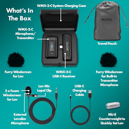 Movo WMX-2-C Wireless Microphone for USB-C Devices – Wireless Lavalier Mic System with Charging Case – Clip-On Lapel Mic for iPhone 15 and Up, Android, iPad Pro, MacBook – 7HR Battery, 328ft Range - style: 1 Transmitter