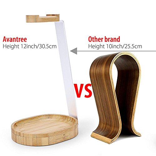 Avantree TR902 - Wood and Aluminum Headphone Stand with Cable Holder | Sturdy wooden and aluminum desktop stand displays headphones securely and.