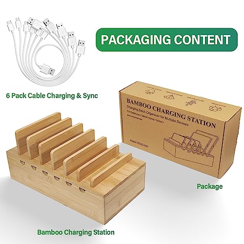 Bamboo Charging Station for Multiple Devices, Desk Docking Stations Organizer Compatible with iPhone Devices, Wood Charging Cell Phone Holder Stand (Includes 6 Cables) (NO Power Supply)