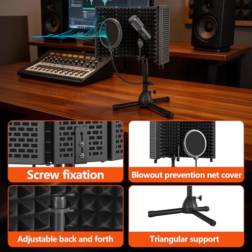 Desktop Microphone Isolation Shield | with Tripod Stand Curved Panel, Foldable Microphone Sound Shield, Studio Mic Sound Absorbing Foam Reflector - size: Standard
