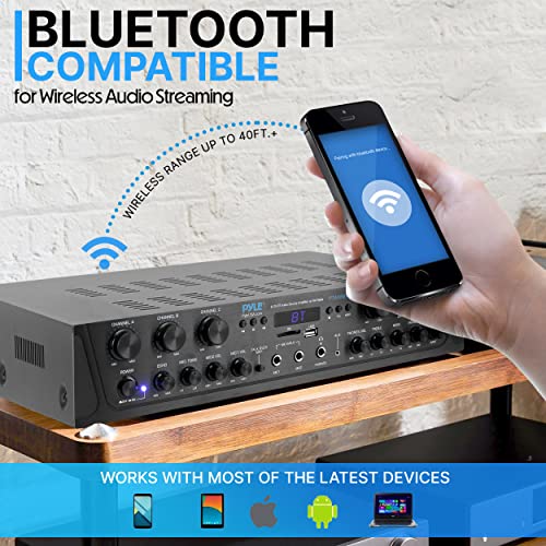 Pyle Home Audio Amplifier with Bluetooth - 6 Channel 600 Watt Peak Power, Karaoke with Echo, 2 Mic Input with Talkover, Headphone In, USB A MP3 Player with SD Reader - Home, Commercial, Worship - style: 6 Channel