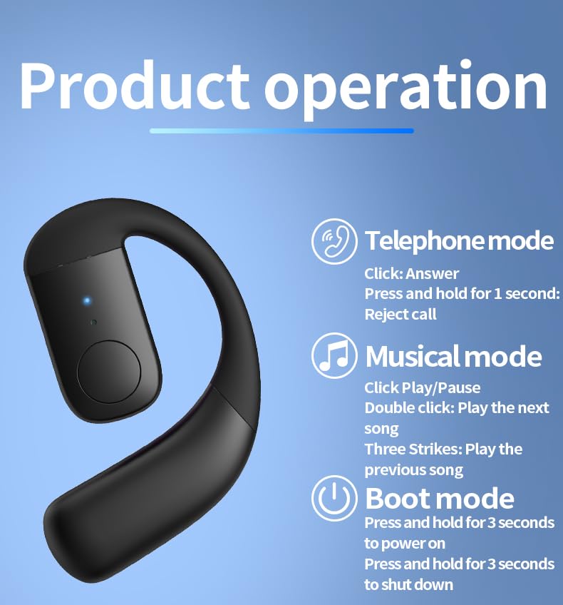 Single Bluetooth Phone Earpiece Earbud One Ear Piece Open Ear Bud Air Bone Conduction Earbuds Earless Out of Ear Headphones Bluetooth 5.4 Wireless Headsets with Microphone Earhook,88 Playtime for work