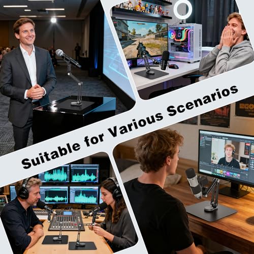 Mic Stand Desk, 360° Rotatable Desktop Microphone Stand, Max Load 4.4 lb, Adjustable Microphone Desk Stand Mount with 1/4“ 3/8“ 5/8” Screw and 2 Mic Clip, for Recording Podcasting Streaming Studio