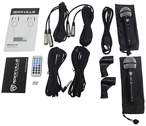 Rockville RPG2X12 PA Speaker System - Dual 12 Inch Powered Speakers, 8-Channel Mixer with Bluetooth, Adjustable Stands, 2 Wired Microphones, Cables - size: 12"