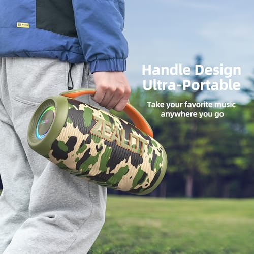 ZEALOT Portable Bluetooth Speaker, 80W Peak Waterproof Loud Booming Sound Speakers, Dual Pairing, XBass, 20H Playtime, Outdoor Speaker with Handle for Camping, Beach, Party, Backyard (CAMO)