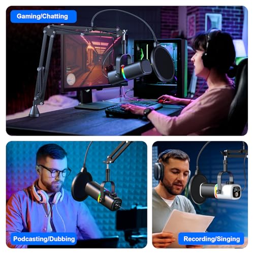 AK-10 USB Gaming Microphone with mic arm, Condenser Microphone for PC/MAC/PS4/PS5/Phone-Cardioid Mic with RGB Lighting(White) - color: Ivory