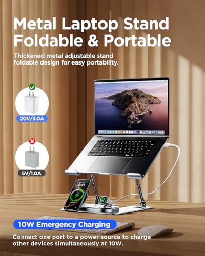 Adjustable Laptop Stand with Wireless Charger, Qi2 15W, 4in1 | Qi2 15W fast charging for phone and watch. 3-in-1 station with LED light. Fits 10-17.3 inch laptops. Foldable, holds 22lb