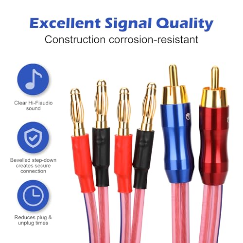 KK R1-B2-D0.5 4N OFC Speaker Wire Pair with RCA Male (Blue & Red) to 2 Pair Banana(4banana) Plugs 1.64Foot-Pair KK R1-B2-D0.5 - size: 2M/6.5Foot