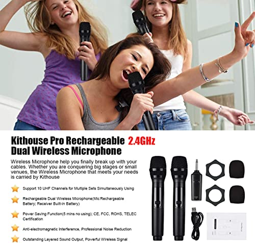 Wireless Microphone, K380S Dual Cordless Metal Dynamic Mic System with Rechargeable Receiver, for Karaoke Singing, Wedding, Party, Speech, Church, Meeting