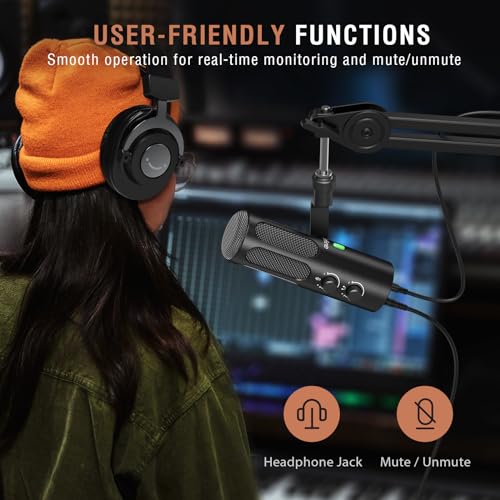 FIFINE Studio Dynamic Mic with Mic Boom Arm Kit, XLR/USB PC Microphone Bundle for Recording with Mute Button, Headphone Jack, Microphone Stand with Extension Tube, Desk Clamp for Vocal(TANK3+BM66T)