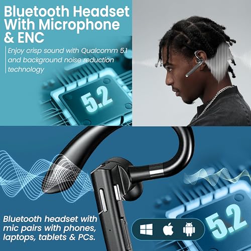 Wireless Bluetooth Headset with Mic, Noise-Cancelling Earpiece with 500mAh Charging Case – Up to 72H Talk Time – Clear HD Sound for Truck Drivers, Office, Call Centre, All Smart Phones.