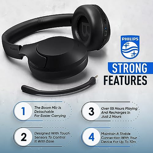 Philips Wireless Headphones Noise Cancelling, Stereo Over Ear Wireless Headphones with Removable Mic, Bluetooth Headset with Microphone, Lightweight and Touch Control, 55 Hours Playtime - style: Noise Canceling-Mic