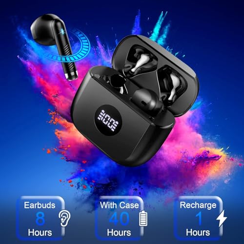 Jxrev Wireless Bluetooth 5.4 Earbuds, 6D Stereo Ear Buds, LED Power Display | in-Ear Noise Cancelling Mic, 40H Playback, Mini Case, IP7 Waterproof Sports Earphones, for Android iOS - color: Carbon Black